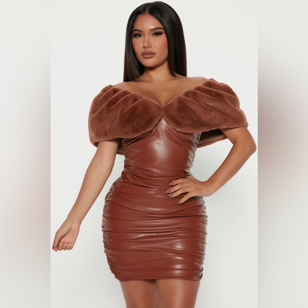 Verdana Faux Leather Mini Dress - Cognac size S